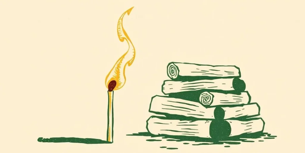 Illustration of a match bursting into flame beside a stack of kindling