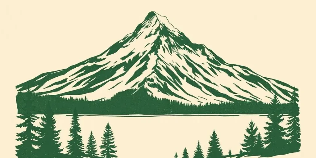 Illustration of a snowcapped mountain peak above pine forests and an alpine lake