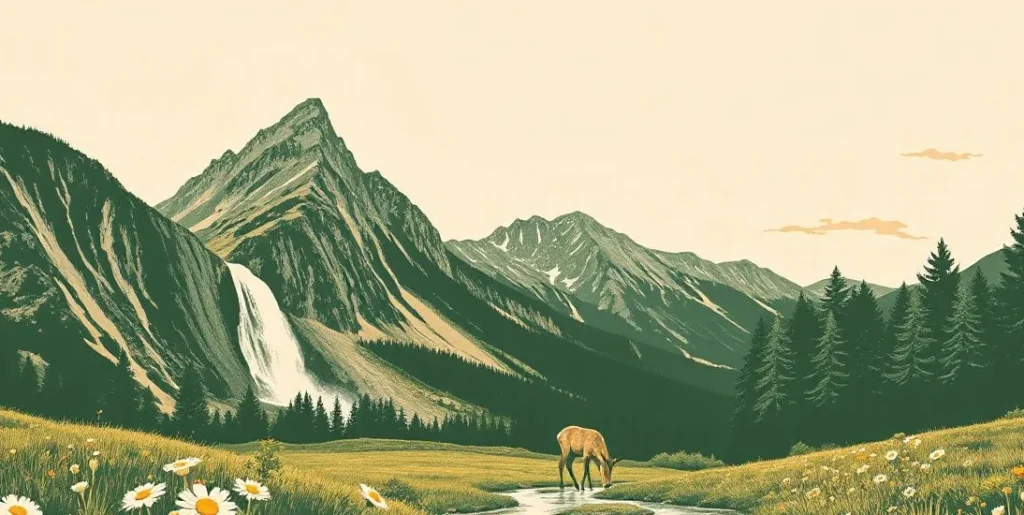 Illustration of a valley with a waterfall, wildflowers and a deer at a stream