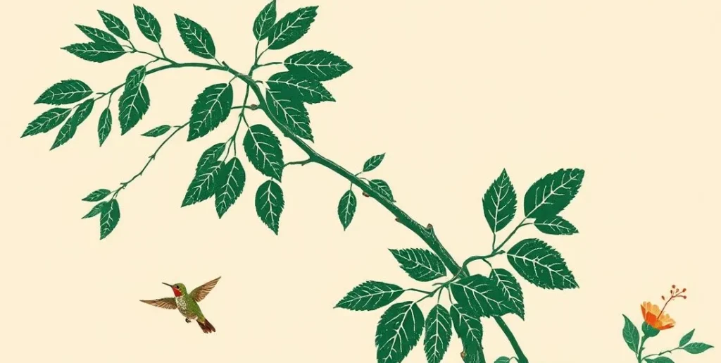Illustration of quivering aspen leaves and a hummingbird darting near a flower