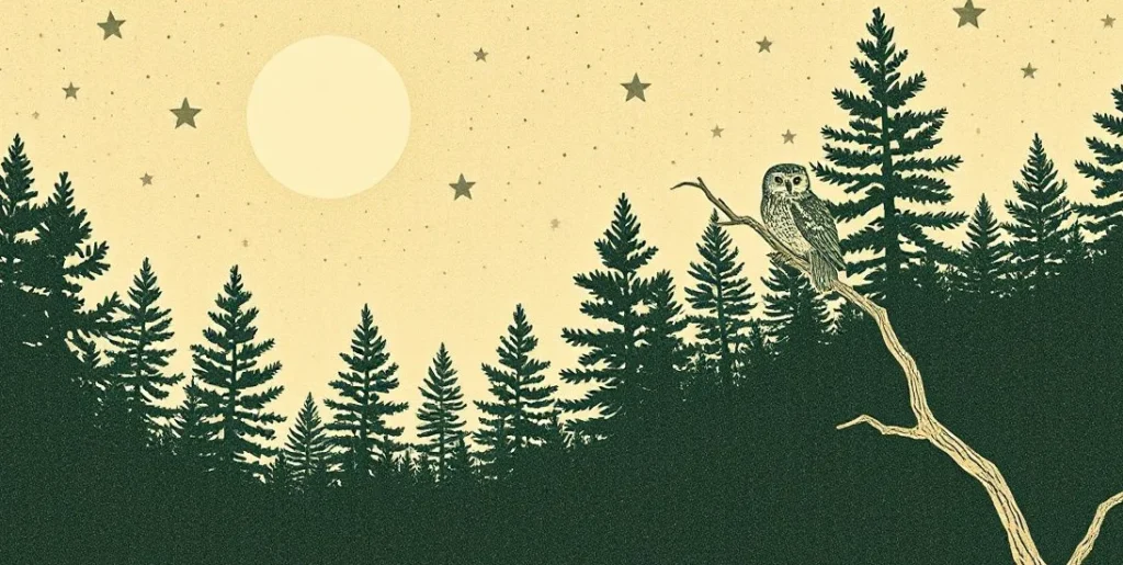 Illustration of a full moon and stars above a dark forest with an owl