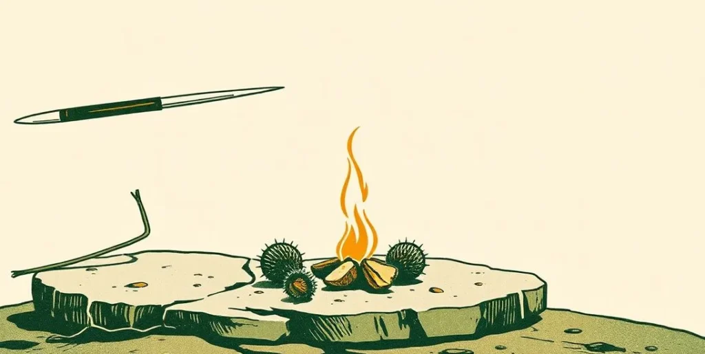 Illustration of a sharp needle, a smoldering ember and prickly thistles