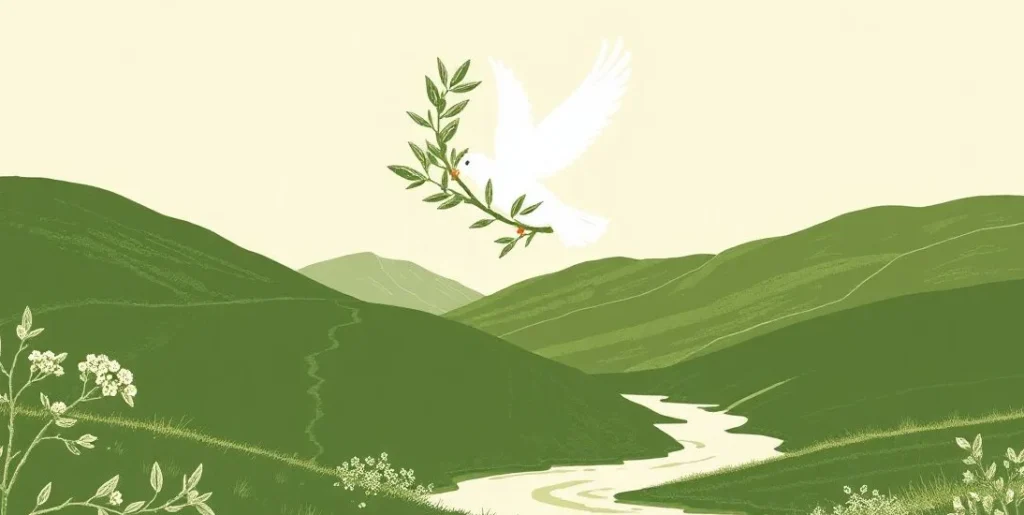 Illustration of a white dove carrying an olive branch over a calm valley