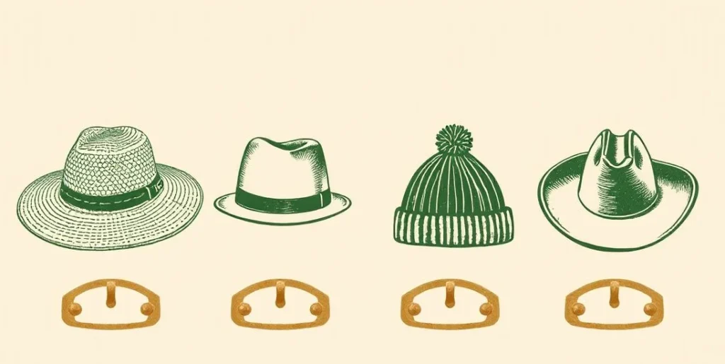 Illustration of a row of different hats hanging on wooden hooks
