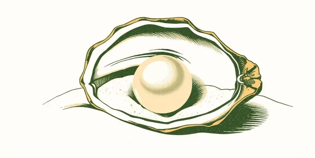 Illustration of a perfect pearl resting in an open oyster shell