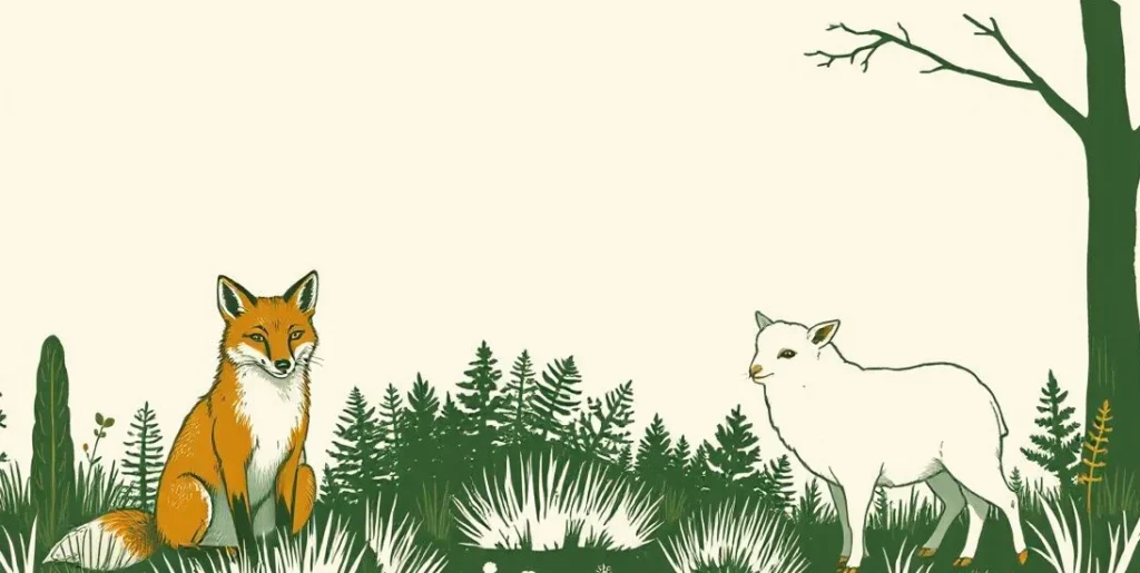 Illustration of a fox, an owl and a lamb at the edge of a woodland