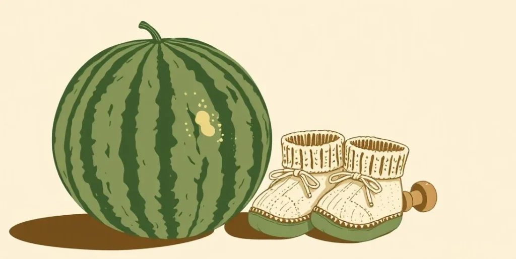 Illustration of a watermelon beside knitted baby booties and a rattle