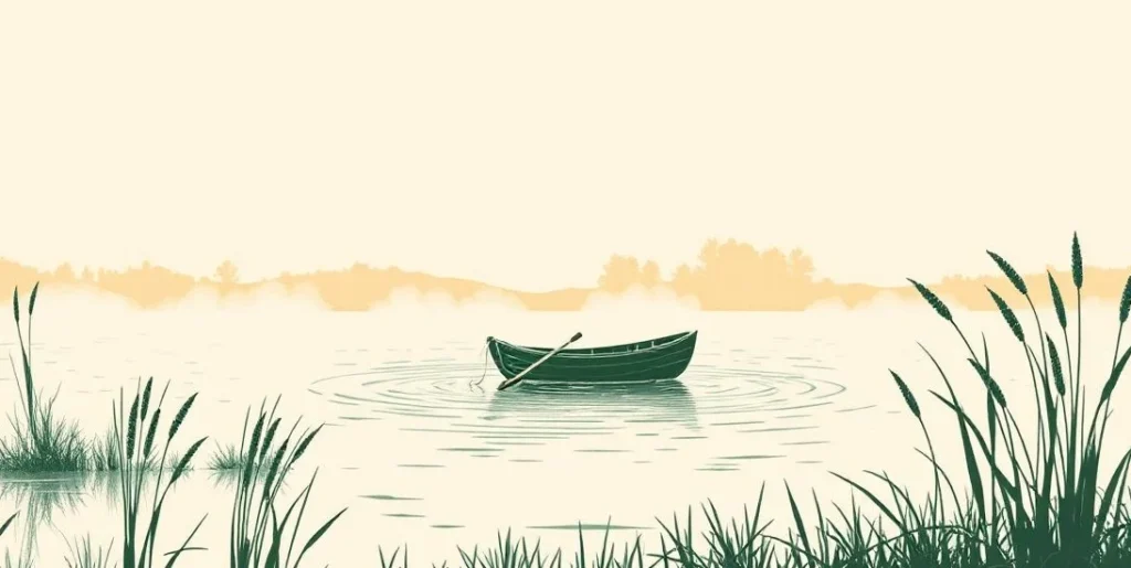 Illustration of a misty pond at dawn with a rowboat moored among reeds
