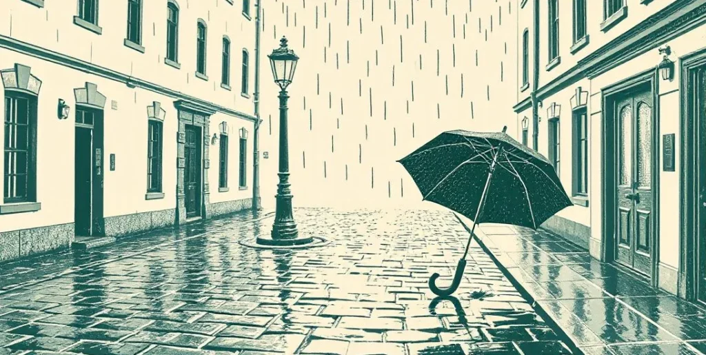 Illustration of rain falling on a cobblestone street with an umbrella by a lamppost