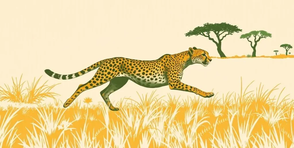 Illustration of a cheetah sprinting across savanna grass with dust trailing behind it