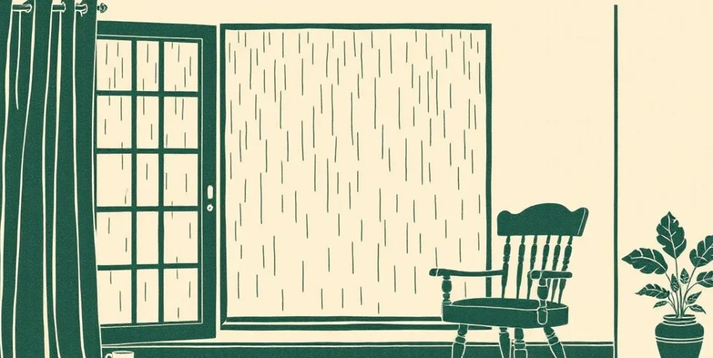 Illustration of a rain-streaked window beside an empty chair and a cup of tea