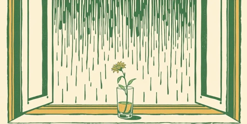 Illustration of rain on a window and a wilted flower on the sill