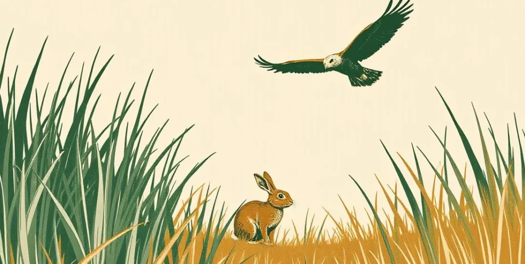 Illustration of a startled rabbit crouching in grass beneath a circling hawk