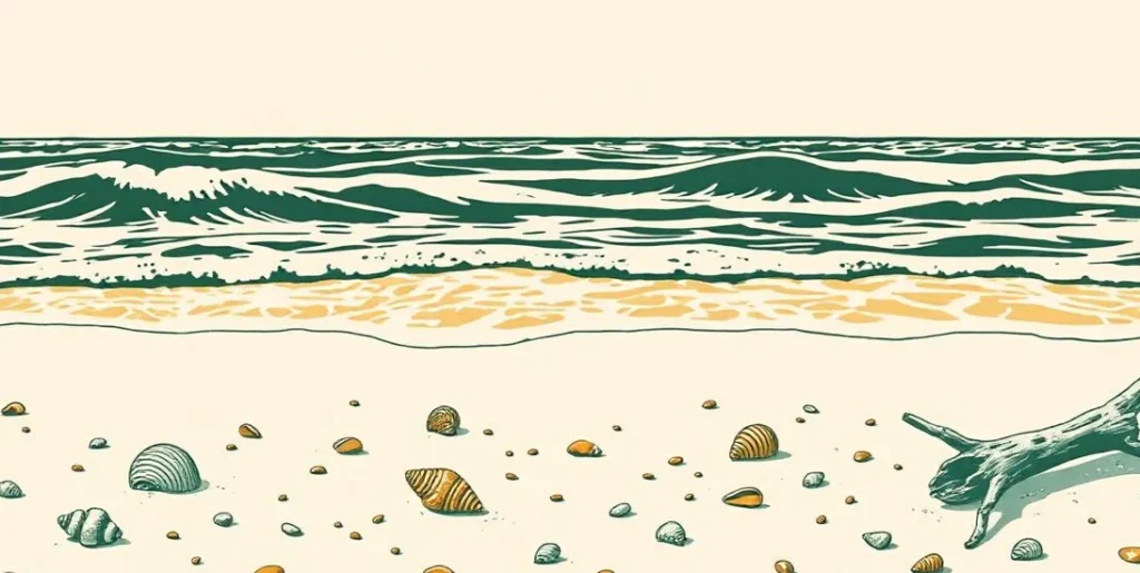 Illustration of gentle waves rolling onto a sandy shore with seashells