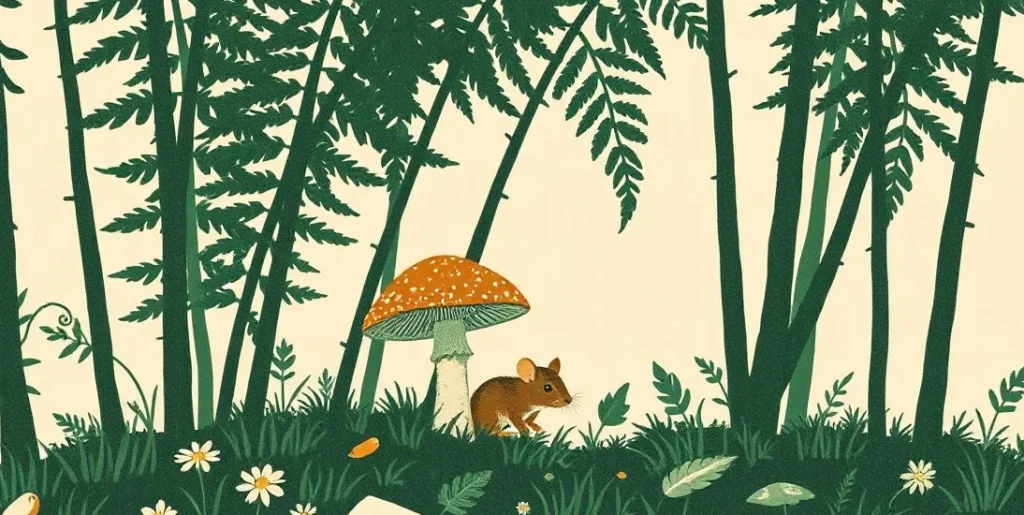 Illustration of a tiny mouse peeking from behind a toadstool under ferns