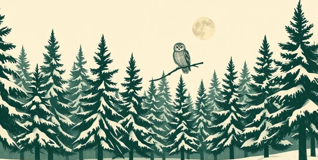 Illustration of a snowy pine forest at night with an owl under a full moon
