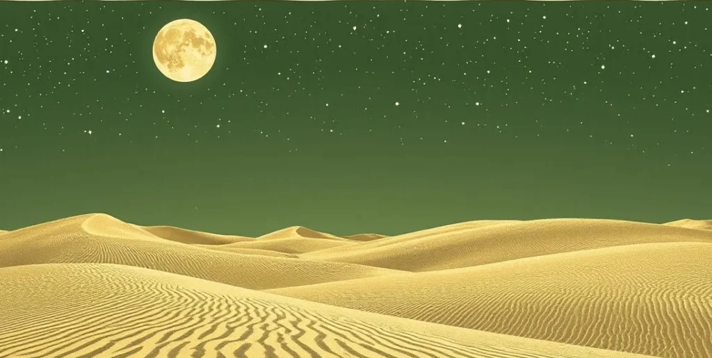 Illustration of smooth moonlit desert dunes beneath a sky full of stars