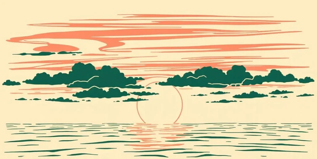 Illustration of a sunset sky streaked with pink and gold clouds over the sea