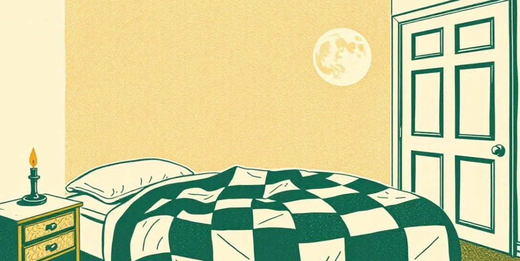 Illustration of a moonlit bed with a patchwork quilt and a low candle