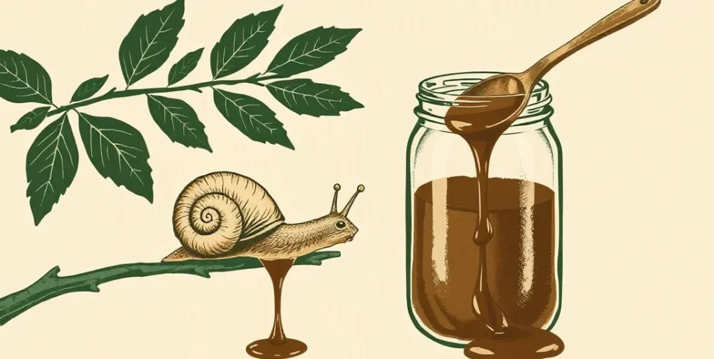 Illustration of a snail on a branch beside molasses dripping from a spoon