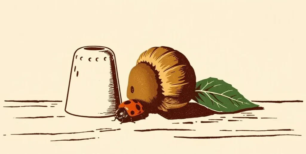 Illustration of a thimble, an acorn, a ladybug and a button