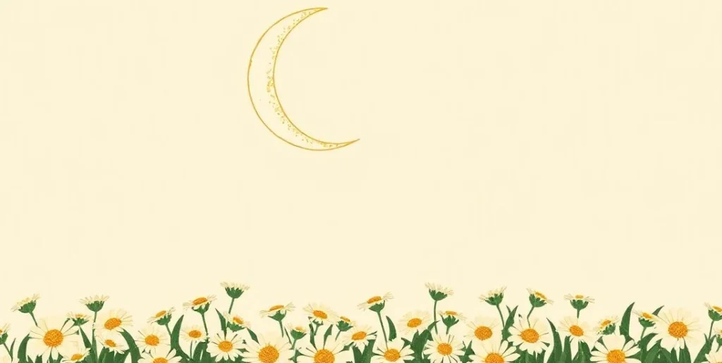 Illustration of a crescent moon above a field of glowing daisies
