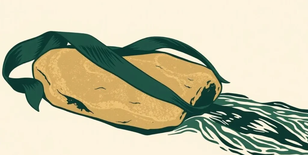 Illustration of silk ribbon over a polished river stone beside a glassy stream