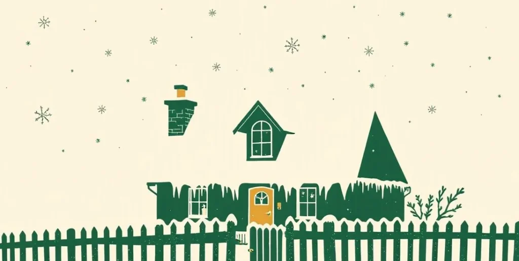 Illustration of snowflakes over a snowy cottage with icicles on the eaves