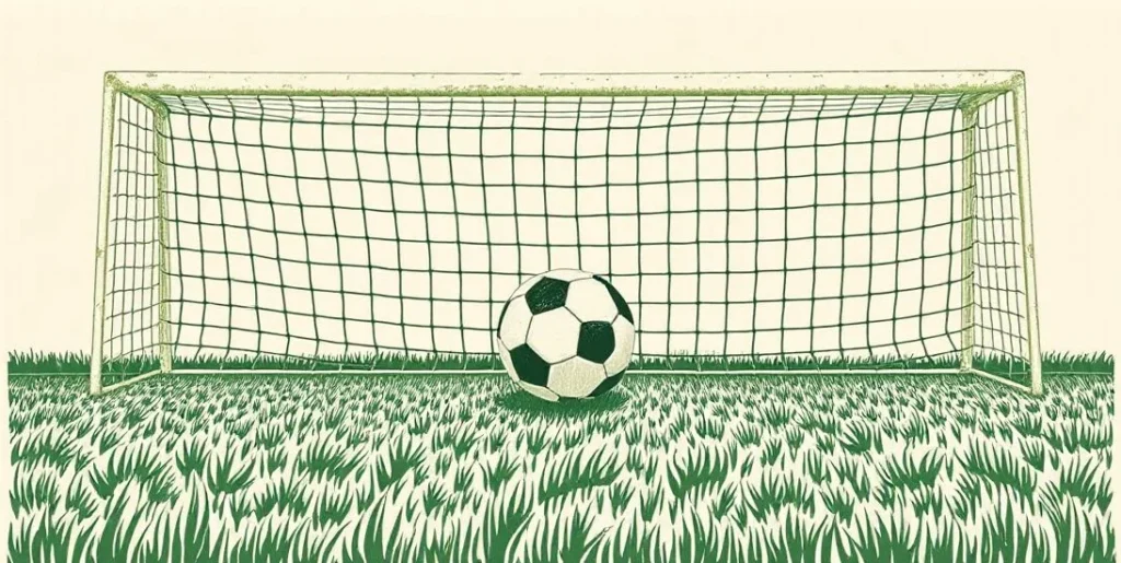 Illustration of a soccer ball rolling into a goal net on a green field