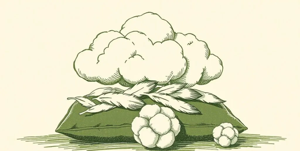 Illustration of feathers, a velvet cushion and cotton beneath a fluffy cloud
