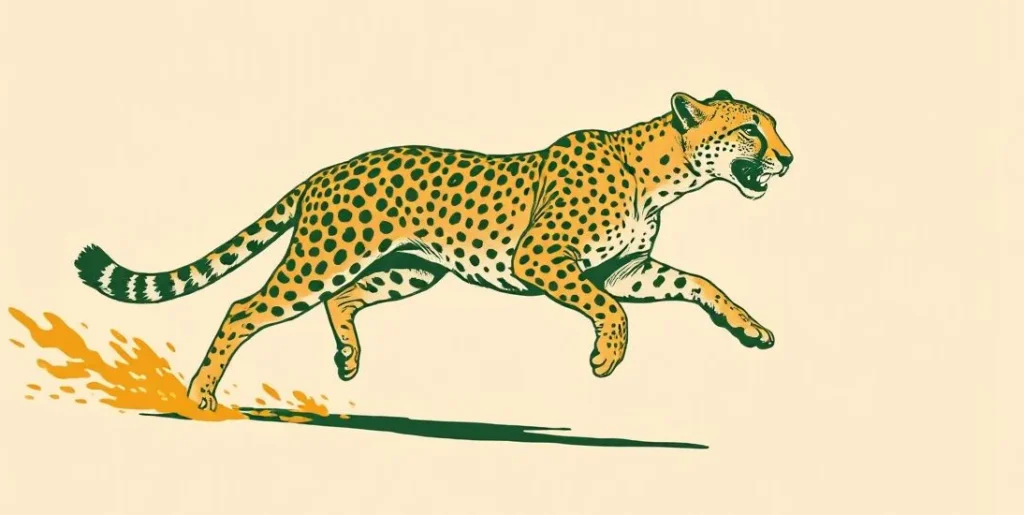 Illustration of a cheetah sprinting across the golden savanna