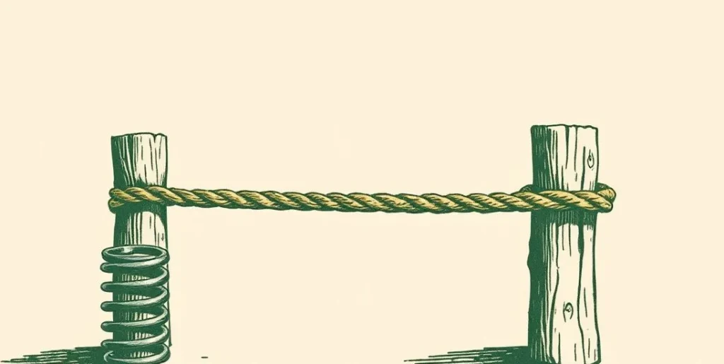 Illustration of a coiled spring and a frayed rope stretched tight between posts