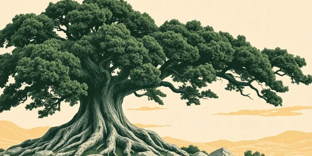Illustration of a massive oak tree rooted firmly on a rocky hillside