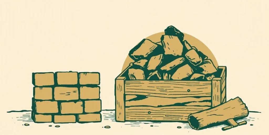 Illustration of a box of rocks beside a stack of bricks and a plank