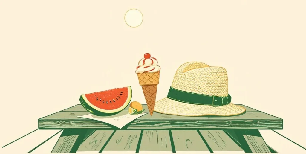 Illustration of a watermelon slice, an ice cream cone and a straw hat