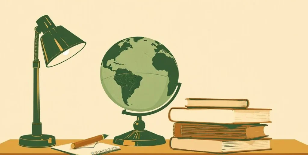 Illustration of a globe, closed books and a desk lamp on a teacher's desk