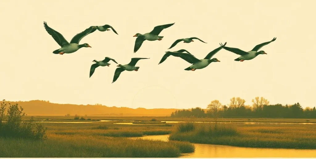 Illustration of geese flying in a V formation over autumn marshes