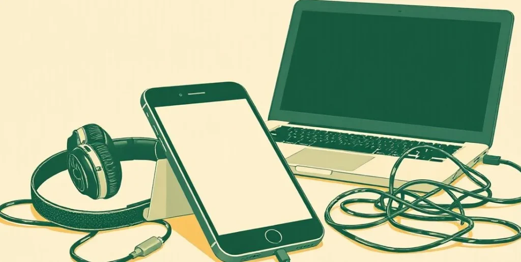 Illustration of a smartphone, headphones and a laptop with tangled cables