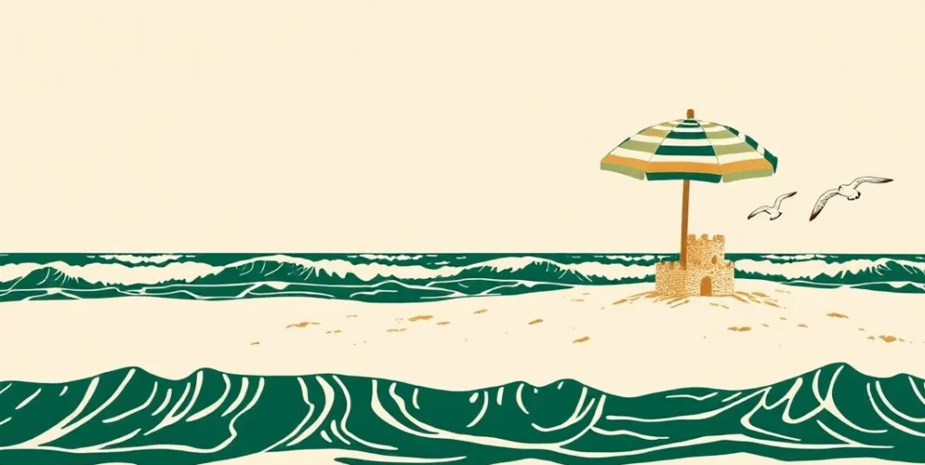 Illustration of a sandy beach with a striped umbrella, sandcastle and rolling waves