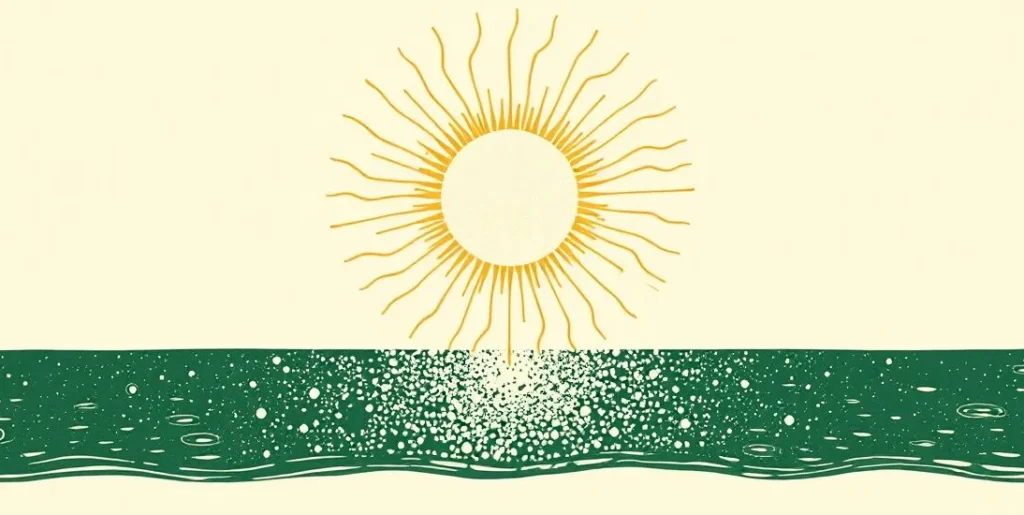 Illustration of a radiant sun glinting on the ripples of a lake