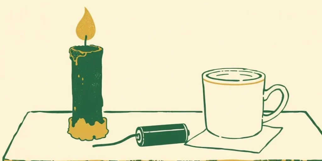 Illustration of a burned-out candle, a drained battery and an empty cup