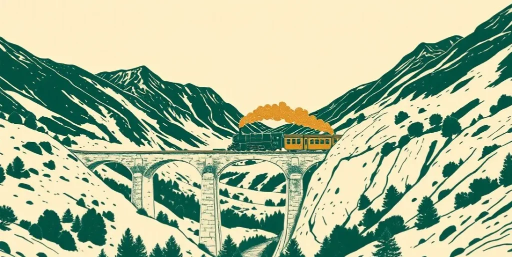 Illustration of a steam train crossing a stone viaduct through mountain valleys