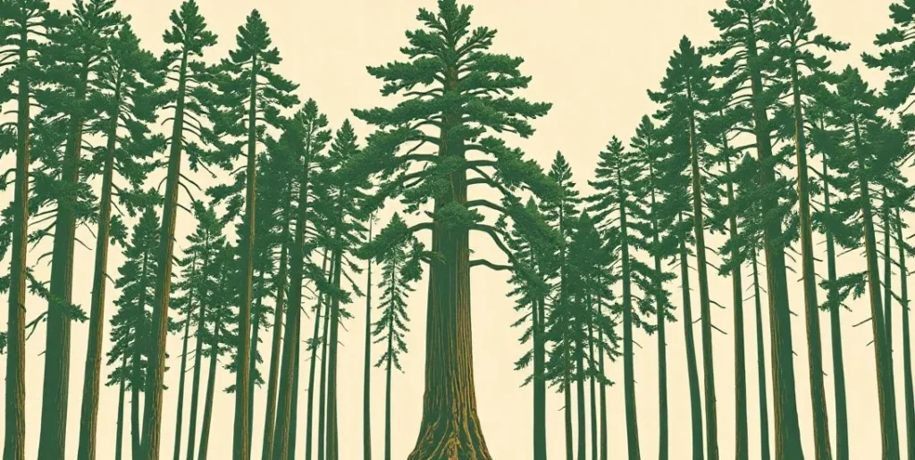 Illustration of a massive redwood standing among tall swaying pine trees