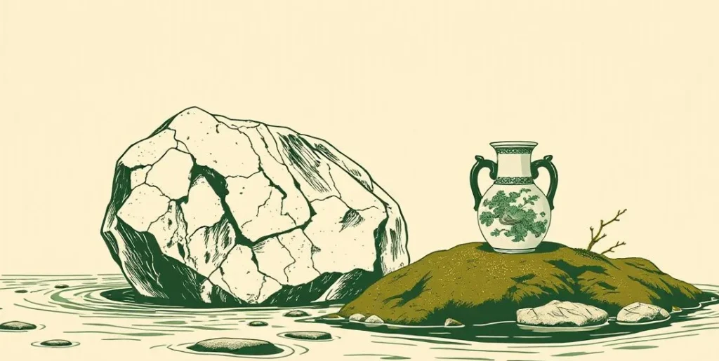 Illustration of a solid granite boulder beside a delicate porcelain vase