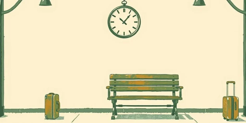 Illustration of an empty platform bench beside a suitcase under a plain clock