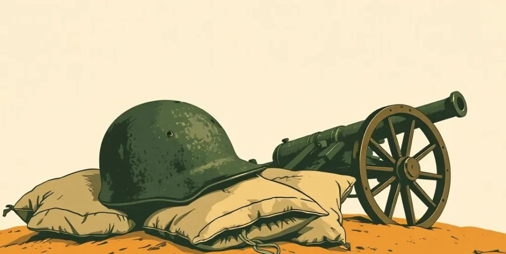 Illustration of a battered helmet on sandbags beside a broken cannon wheel under smoke