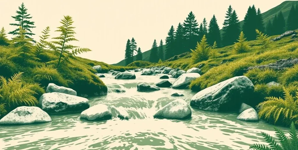 Illustration of a clear stream rushing over smooth stones between mossy banks