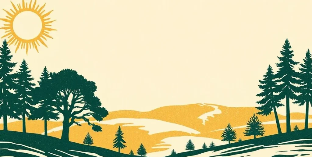 Illustration of a landscape showing sun, rain, wind and snow at once