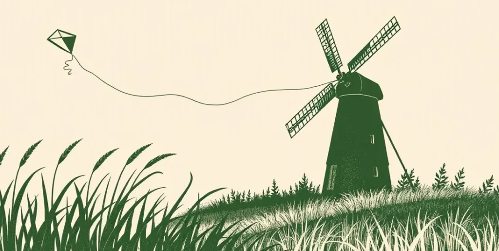 Illustration of wind swirling leaves past a windmill and bending tall grass