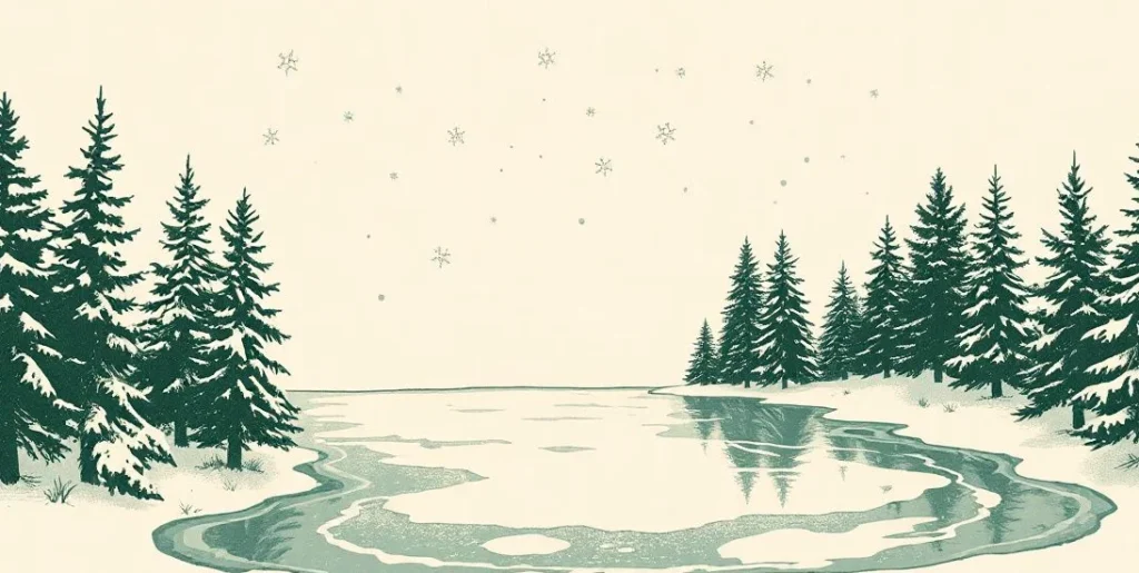 Illustration of snow falling on a glassy frozen pond ringed by pines